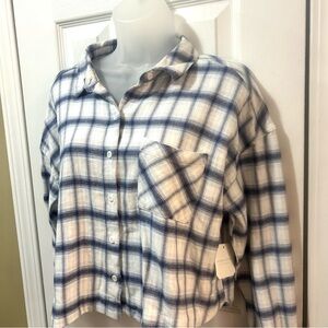 Altar'd State Long Sleeve Plaid Cropped Womens Small Blue White NWT Buttons